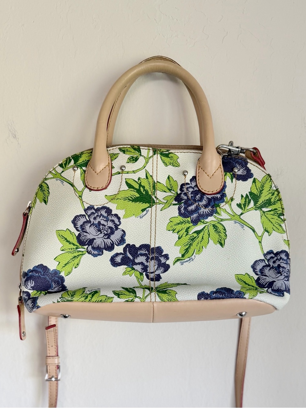 Tignanello Bed of Roses Domed Purse Green Purple Botanical Print Vegan Crossbody